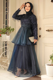 Stylish Navy Blue Hijab Wedding Dress 6742L - 3