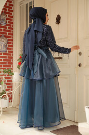 Stylish Navy Blue Hijab Wedding Dress 6742L - 4