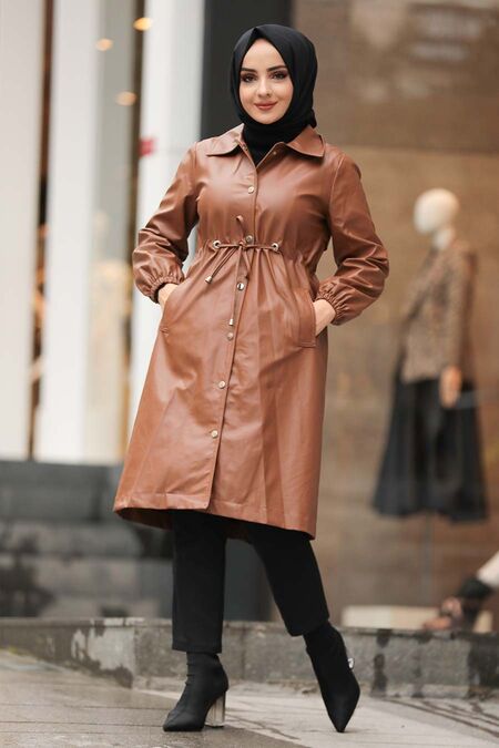 Sunuff Clolored Hijab Leather Coat 1309TB - NEVA STYLE
