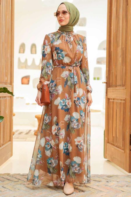 Sunuff Colored Hijab Dress 27926TB - NEVA STYLE