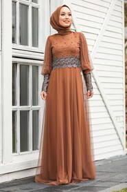 Sunuff Colored Hijab Evening Dress 50110TB - 1