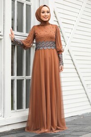 Sunuff Colored Hijab Evening Dress 50110TB - 2