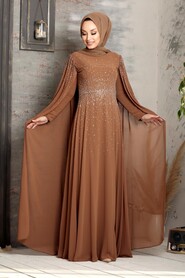 Sunuff Colored Hijab Evening Dress 50120TB - 1