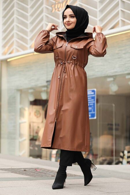 Sunuff Colored Hijab Leather Coat 1329TB - NEVA STYLE