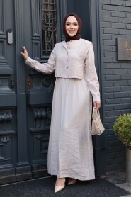 Sweater Vest Detailed Beige Modest Dress 7705BEJ - 1