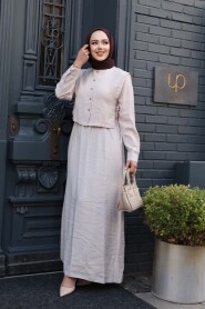 Sweater Vest Detailed Beige Modest Dress 7705BEJ - 2