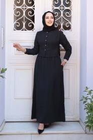 Sweater Vest Detailed Black Modest Dress 7705S - 3