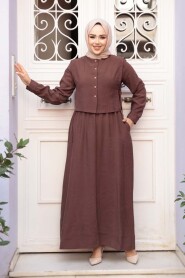 Sweater Vest Detailed Brown Modest Dress 7705KH - 1