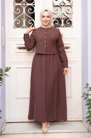 Sweater Vest Detailed Brown Modest Dress 7705KH - 2