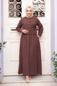 Sweater Vest Detailed Brown Modest Dress 7705KH - 3