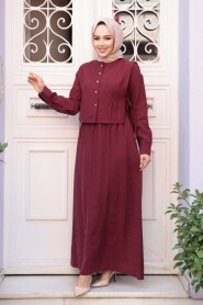 Sweater Vest Detailed Dark Burgundy Modest Dress 7705KBR - 3