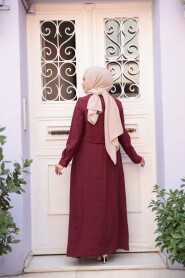 Sweater Vest Detailed Dark Burgundy Modest Dress 7705KBR - 4