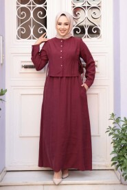 Sweater Vest Detailed Dark Burgundy Modest Dress 7705KBR - 1