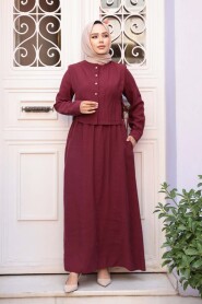 Sweater Vest Detailed Dark Burgundy Modest Dress 7705KBR - 2