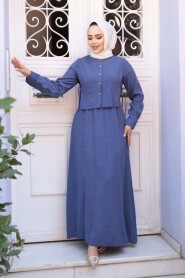 Sweater Vest Detailed Indigo Blue Modest Dress 7705IM - 1