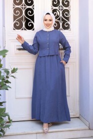 Sweater Vest Detailed Indigo Blue Modest Dress 7705IM - 2