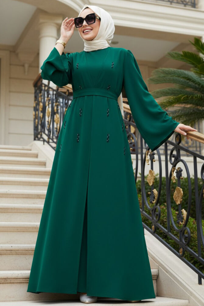 Stone Appliqué Green Modest Abaya 82412Y - 