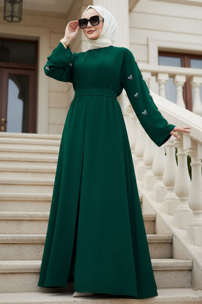 Stone Appliqué Green Modest Abaya 82421Y - 