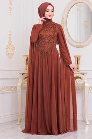 Terra Cotta Hijab Evening Dress 2177KRMT - 2