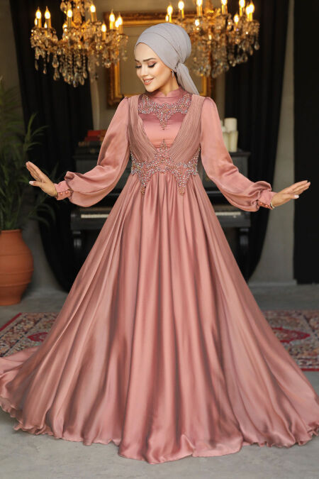  Stylish Terra Cotta Islamic Clothing Evening Dress 21890KRMT - NEVA STYLE