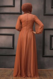 Stylish Terra Cotta Islamic Long Sleeve Dress 22021KRMT - 3