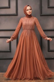 Stylish Terra Cotta Islamic Long Sleeve Dress 22021KRMT - 1
