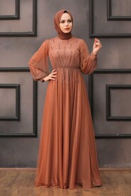 Stylish Terra Cotta Islamic Long Sleeve Dress 22021KRMT - 2