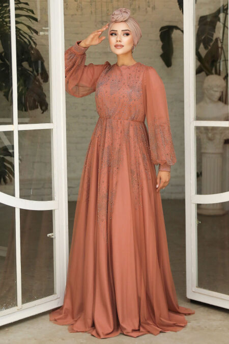  Long Terra Cotta Islamic Wedding Dress 22031KRMT - NEVA STYLE