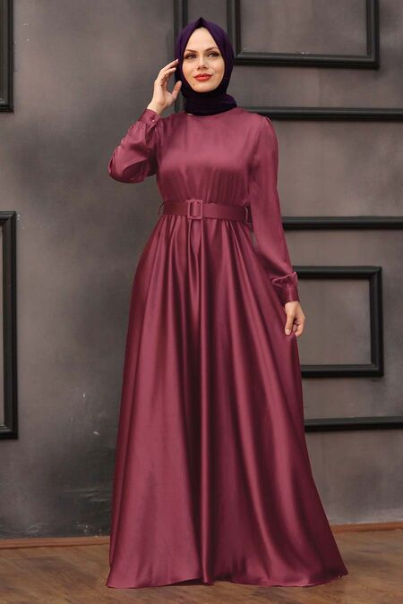 Satin Terra Cotta Islamic Evening Gown 28890KRMT - Neva-style.com