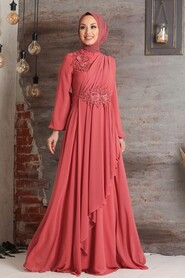 Terra Cotta Hijab Evening Dress 3499KRMT - 1