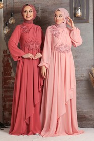 Terra Cotta Hijab Evening Dress 3499KRMT - 2