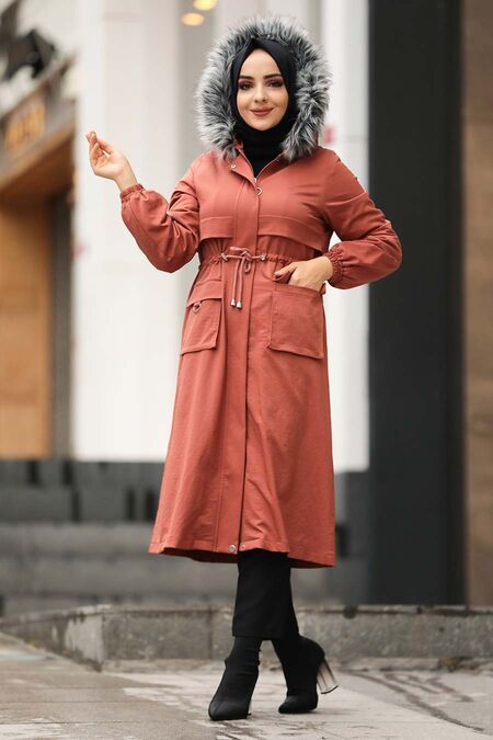 Terra Cotta Hijab Parka Coat 90670KRMT - NEVA STYLE