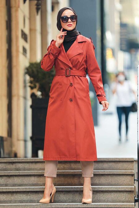 Terra Cotta Hijab Trench Coat 50690KRMT - NEVA STYLE