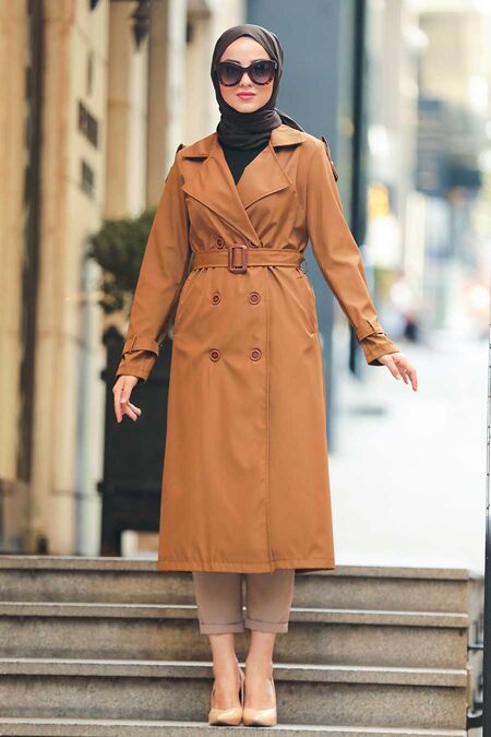 Sunuff Colored Hijab Trench Coat 50690TB - NEVA STYLE
