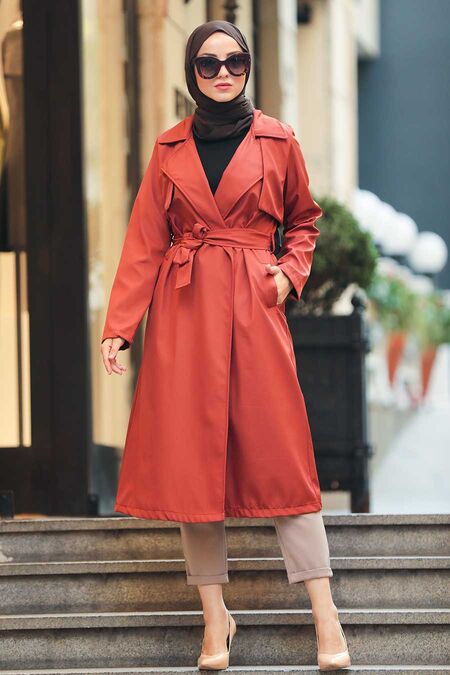 Terra Cotta Hijab Trench Coat 51650KRMT - NEVA STYLE