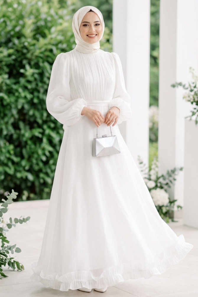 Modest Evening Dress - Balloon Sleeve White Modest Abiye Dress 6278B - 