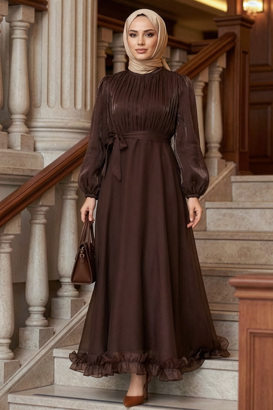 Modest Evening Dress - Balloon Sleeve Brown Modest Abiye Dress 6278KH -  Neva-style.com