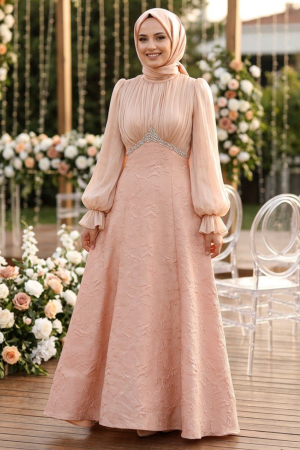 Modest Evening Dress - Beaded Detail Beige Modest Evening Dress 80178BEJ - 