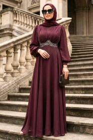 Modest Evening Dress - Bead Detailed Claret Red Modest Evening Dress 4876BR - 2