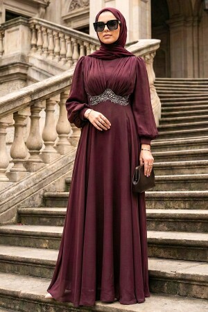 Modest Evening Dress - Bead Detailed Claret Red Modest Evening Dress 4876BR - 1
