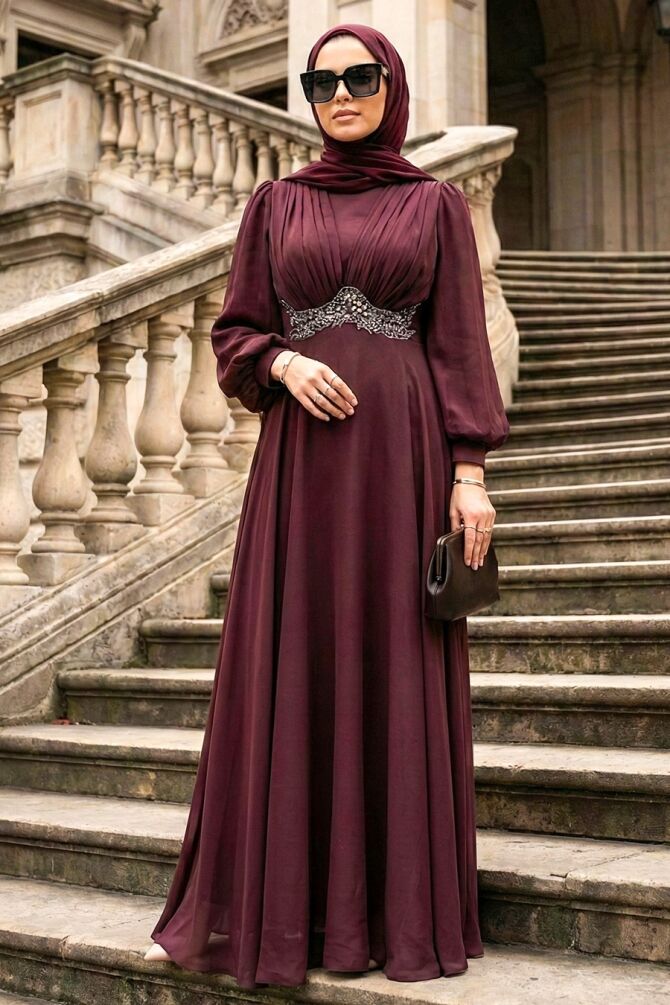 Modest Evening Dress - Bead Detailed Claret Red Modest Evening Dress 4876BR - 