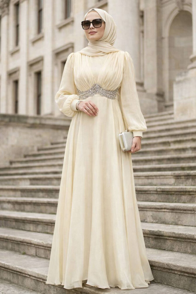 Modest Evening Dress - Beaded Detail Ecru Modest Evening Dress 4876E - 