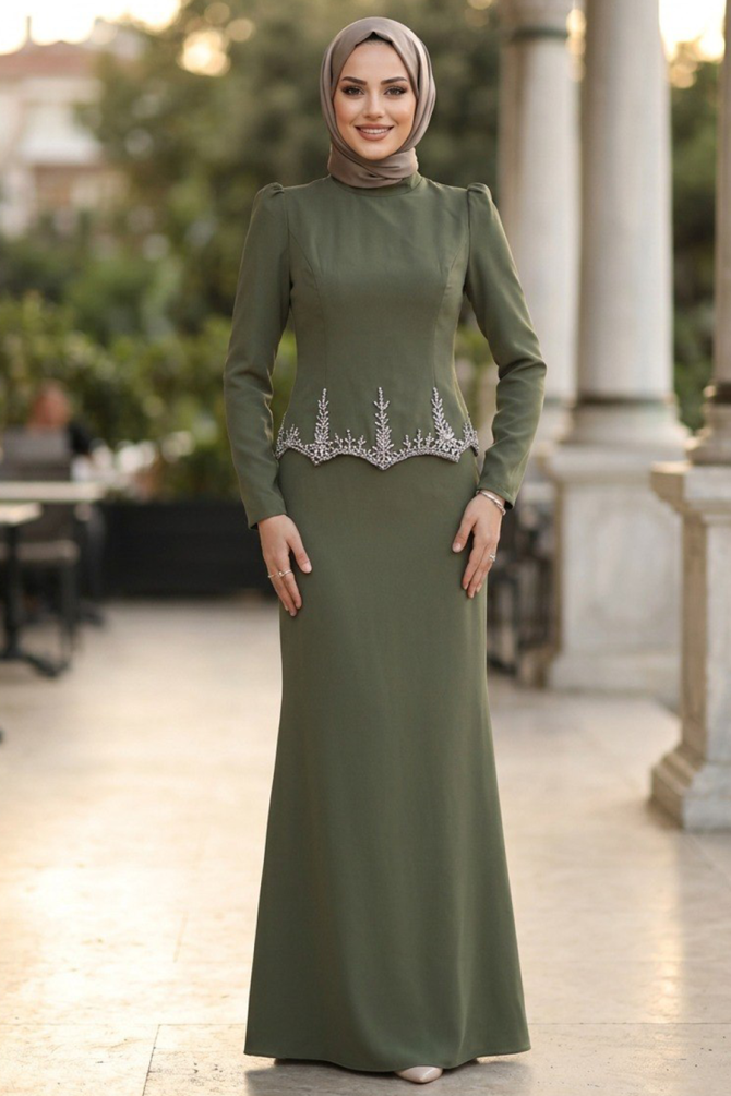 Modest Evening Dress - Beaded Detail Khaki Modest Evening Dress 54191HK - 