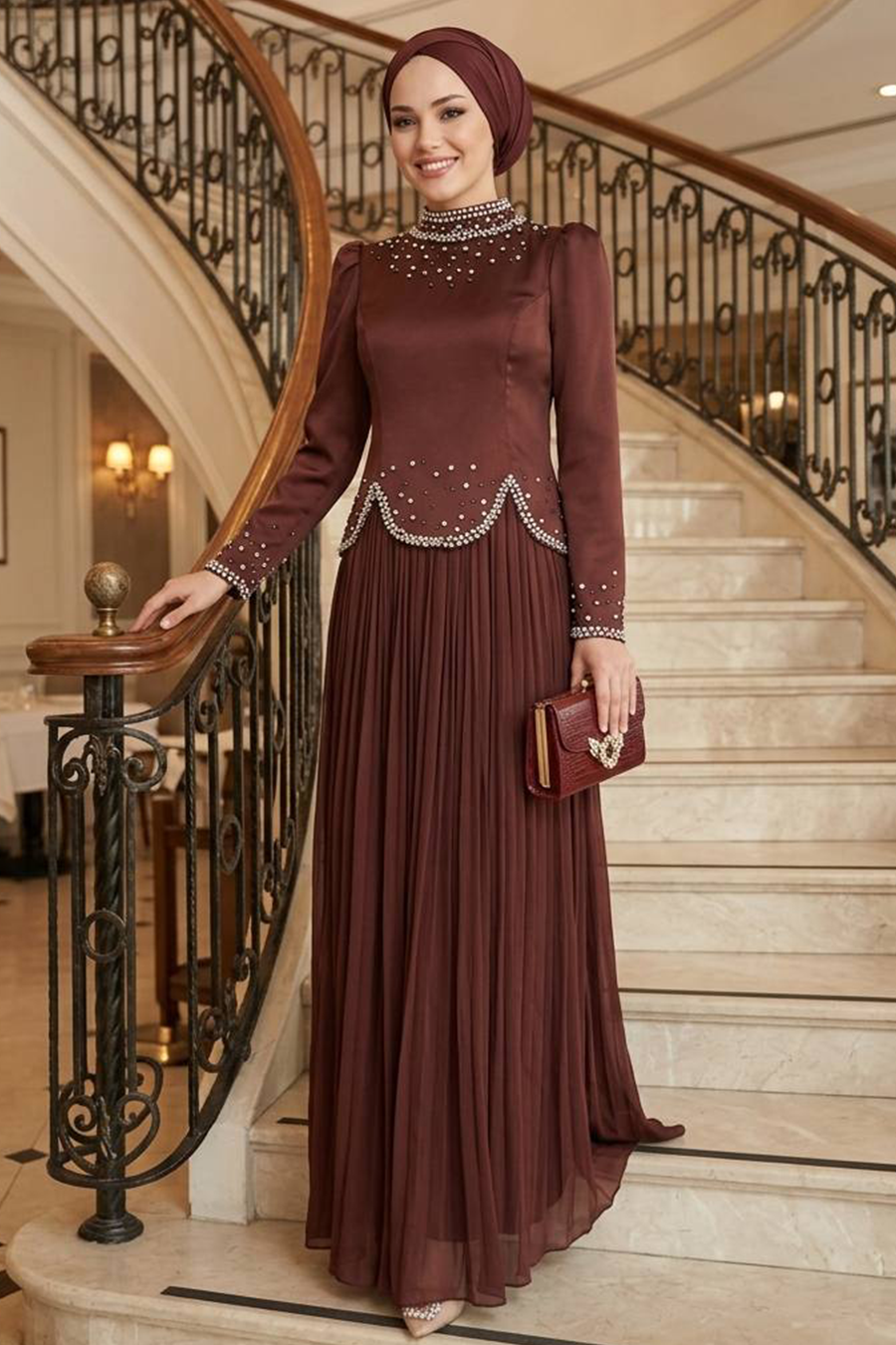 Modest Evening Dress - Beaded Detail Brown Modest Evening Dress 55651KH -  Neva-style.com
