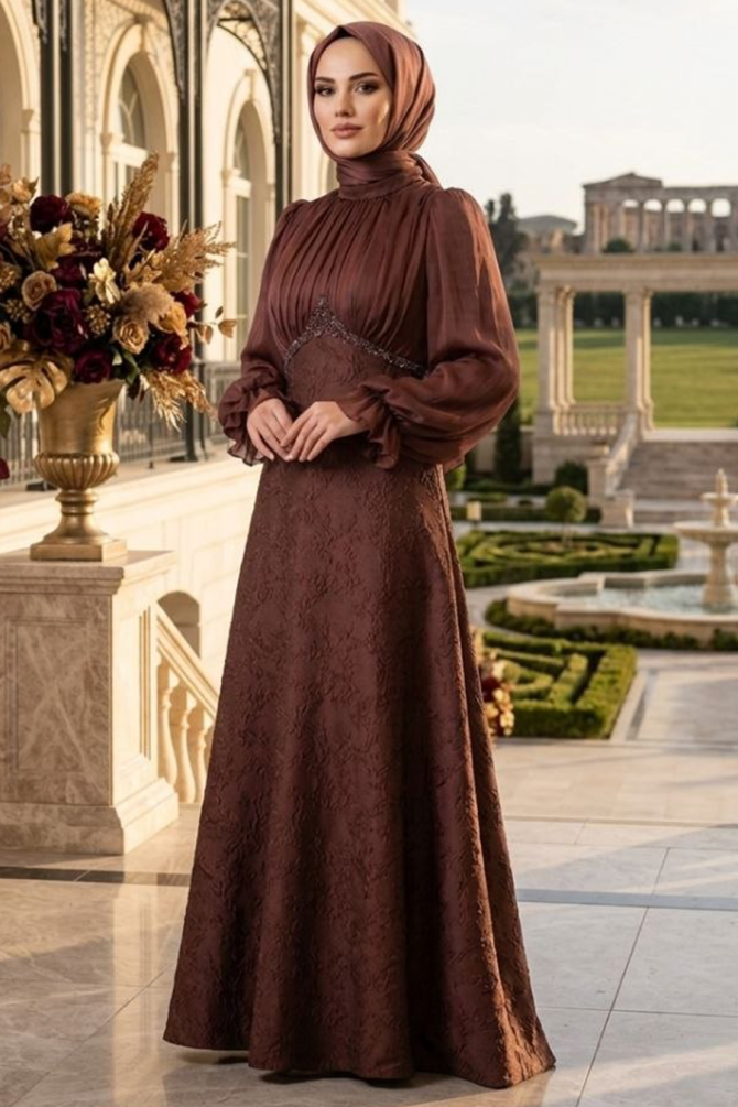 Modest Evening Dress - Beaded Detail Brown Modest Evening Dress 80178KH - 
