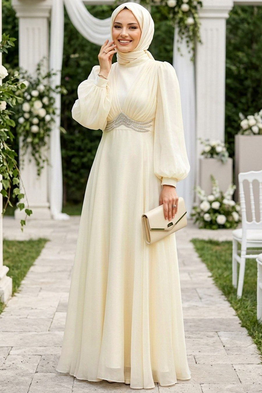 Beaded Detail Cream Modest Evening Dress 4876KR - Neva-style.com