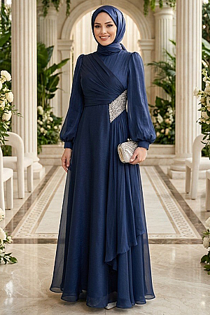 Modest Evening Dress - Beaded Detail Navy Blue Modest Evening Dress 4916L - 