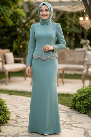 Modest Evening Dress - Beaded Detail Mint Modest Evening Dress 54191MINT - 