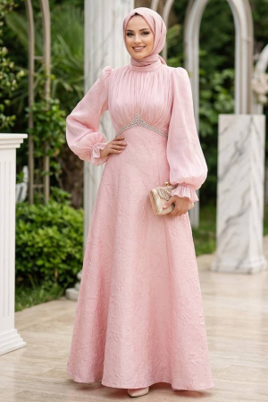 Modest Evening Dress - Beaded Detail Pink Modest Evening Dress 80178P - 