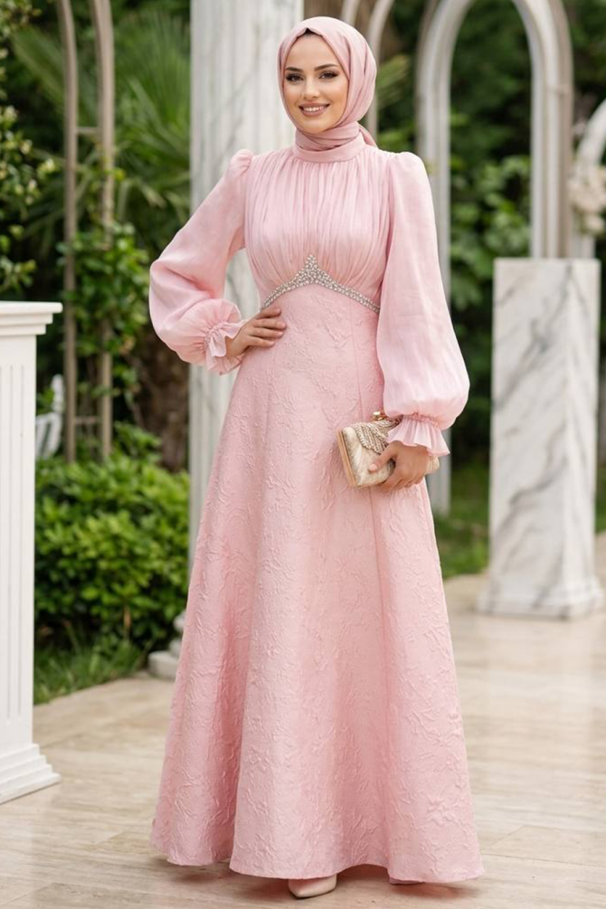 Modest Evening Dress - Beaded Detail Pink Modest Evening Dress 80178P - 